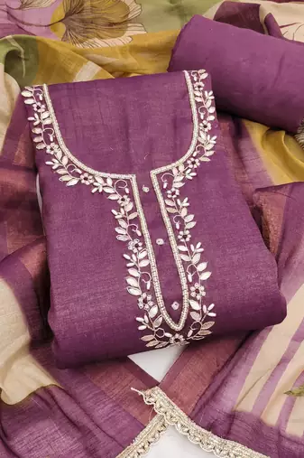 Purple linen cotton printed unstitched dress material.