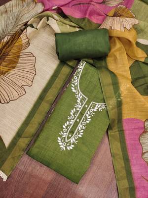 Green linen cotton printed unstitched dress material. 1