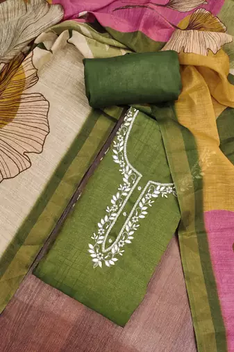 Green linen cotton printed unstitched dress material.