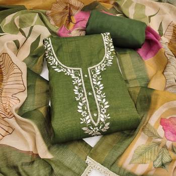 Green linen cotton printed unstitched dress material. 2