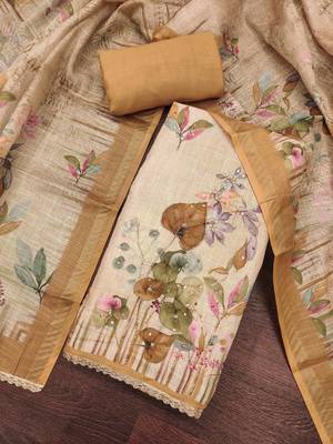 Brown linen cotton printed unstitched dress material. 1