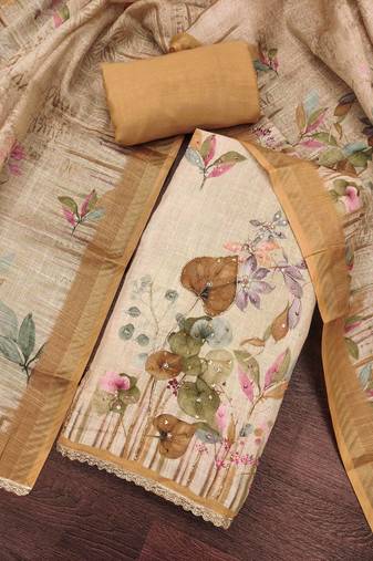 Brown linen cotton printed unstitched dress material.