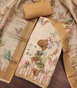 Brown linen cotton printed unstitched dress material.