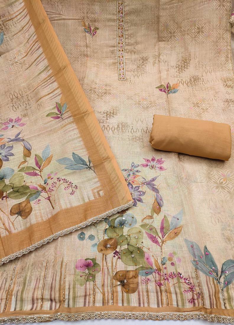 Brown linen cotton printed unstitched dress material.