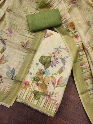 Green linen cotton printed unstitched dress material. 1