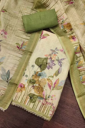 Green linen cotton printed unstitched dress material.
