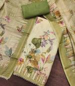 Green linen cotton printed unstitched dress material.