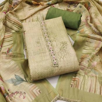 Green linen cotton printed unstitched dress material. 2