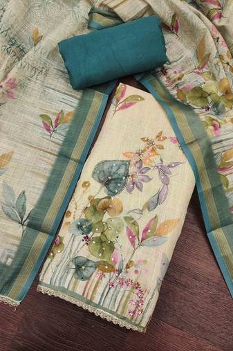 Teal linen cotton printed unstitched dress material.