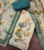 Teal linen cotton printed unstitched dress material.