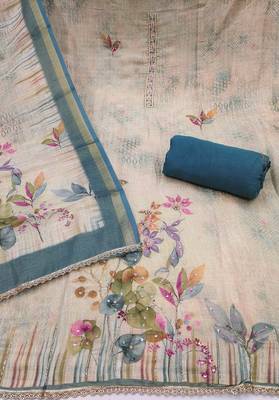 Teal linen cotton printed unstitched dress material. 3
