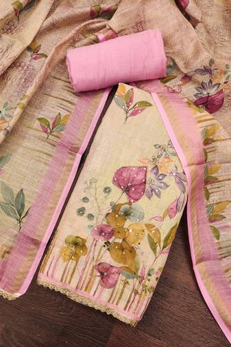 Pink linen cotton printed unstitched dress material.