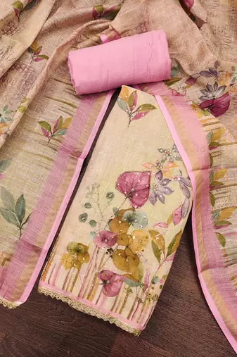 Pink linen cotton printed unstitched dress material.