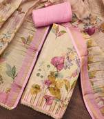 Pink linen cotton printed unstitched dress material.