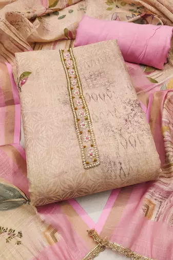 Pink linen cotton printed unstitched dress material.