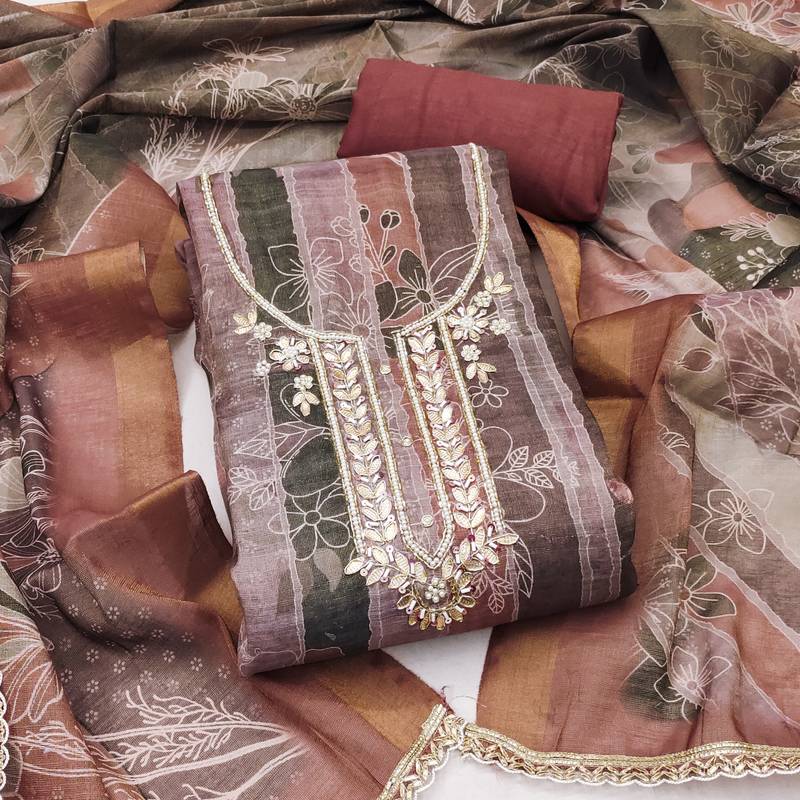 Multi color linen cotton printed unstitched dress material.