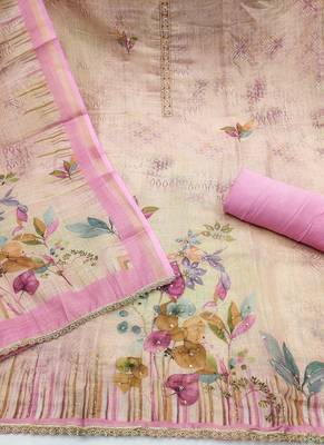 Pink linen cotton printed unstitched dress material. 3