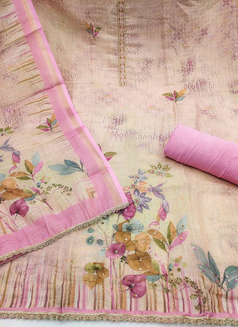 Pink linen cotton printed unstitched dress material.