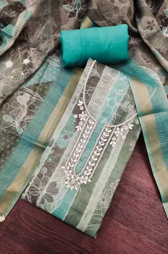 Multi color linen cotton printed unstitched dress material.