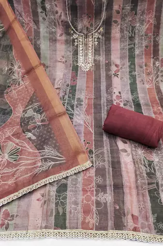 Multi color linen cotton printed unstitched dress material.
