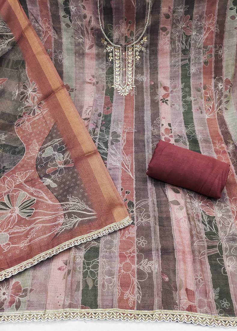 Multi color linen cotton printed unstitched dress material.
