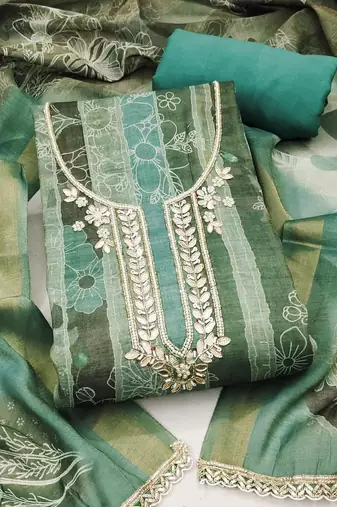 Multi color linen cotton printed unstitched dress material.