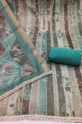 Multi color linen cotton printed unstitched dress material.
