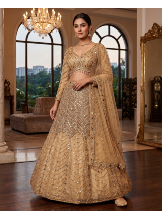 Embroidered Sequined Beige Designer Lehenga Choli with Dupatta 1