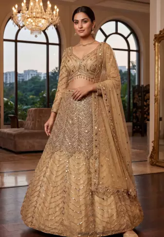 Embroidered Sequined Beige Designer Lehenga Choli with Dupatta