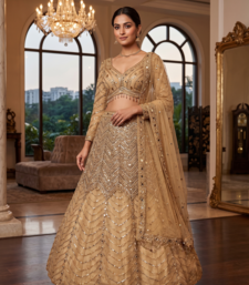 Embroidered Sequined Beige Designer Lehenga Choli with Dupatta