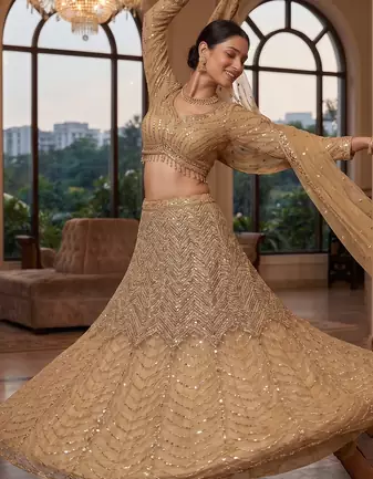 Embroidered Sequined Beige Designer Lehenga Choli with Dupatta