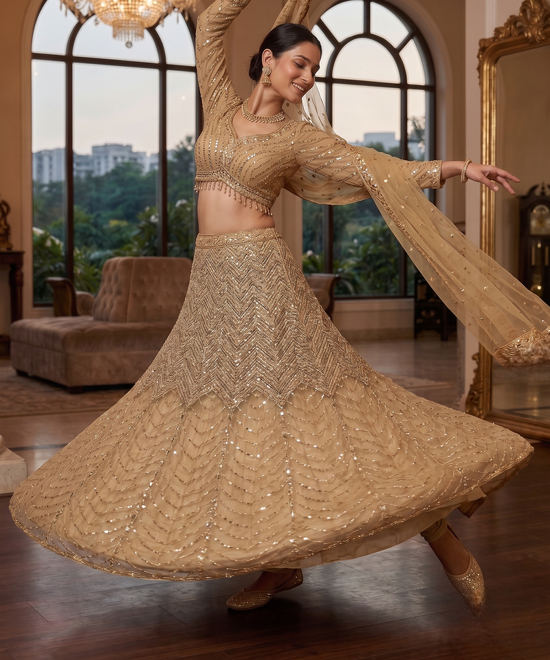 Embroidered Sequined Beige Designer Lehenga Choli with Dupatta