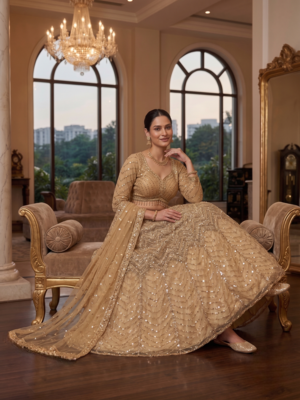 Embroidered Sequined Beige Designer Lehenga Choli with Dupatta 3