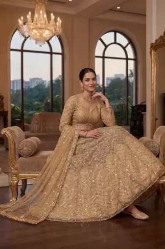 Embroidered Sequined Beige Designer Lehenga Choli with Dupatta