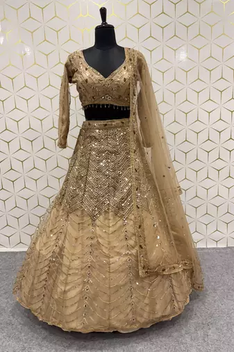 Embroidered Sequined Beige Designer Lehenga Choli with Dupatta