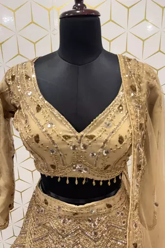 Embroidered Sequined Beige Designer Lehenga Choli with Dupatta