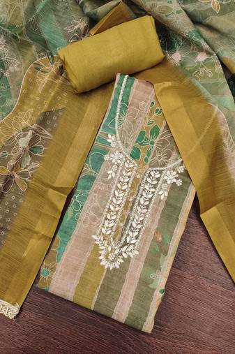 Multi color linen cotton printed unstitched dress material.