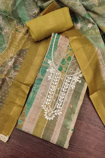 Multi color linen cotton printed unstitched dress material.