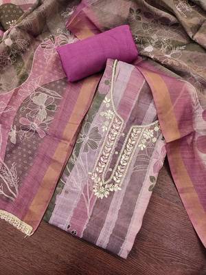 Multi color linen cotton printed unstitched dress material. 1