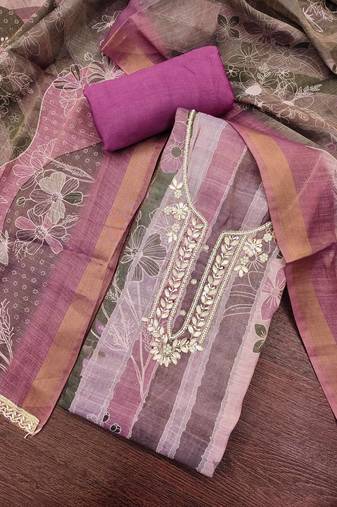 Multi color linen cotton printed unstitched dress material.