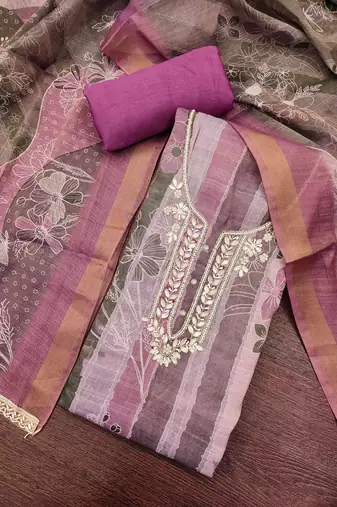 Multi color linen cotton printed unstitched dress material.