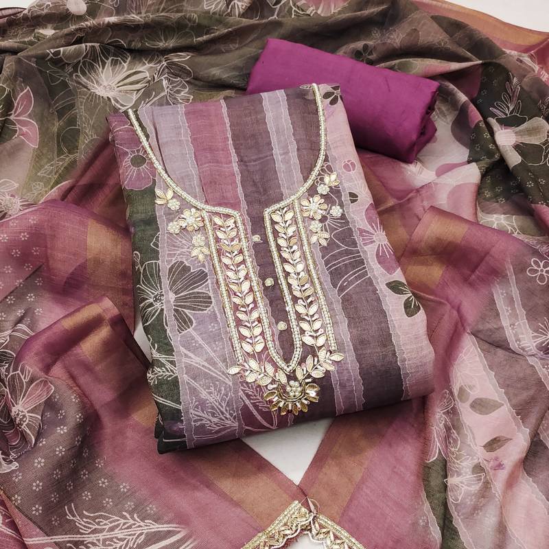 Multi color linen cotton printed unstitched dress material.
