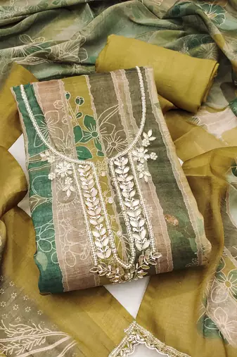 Multi color linen cotton printed unstitched dress material.