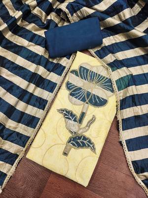Yellow cotton embroidered unstitched dress material. 1