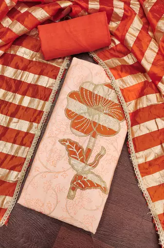 Peach cotton embroidered unstitched dress material.
