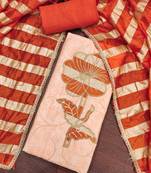 Peach cotton embroidered unstitched dress material.
