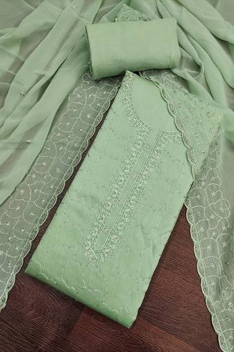 Sea green cotton embroidered unstitched dress material.