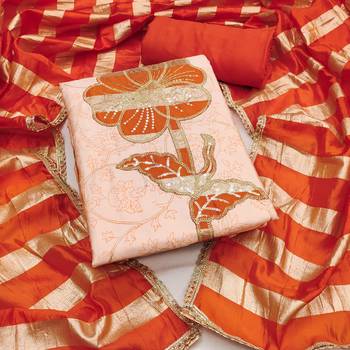 Peach cotton embroidered unstitched dress material. 2