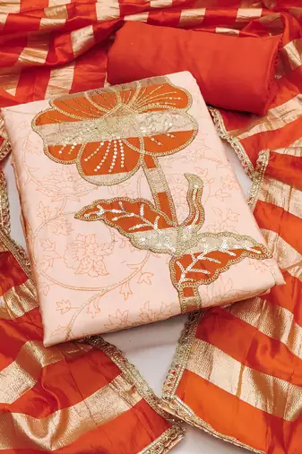 Peach cotton embroidered unstitched dress material.
