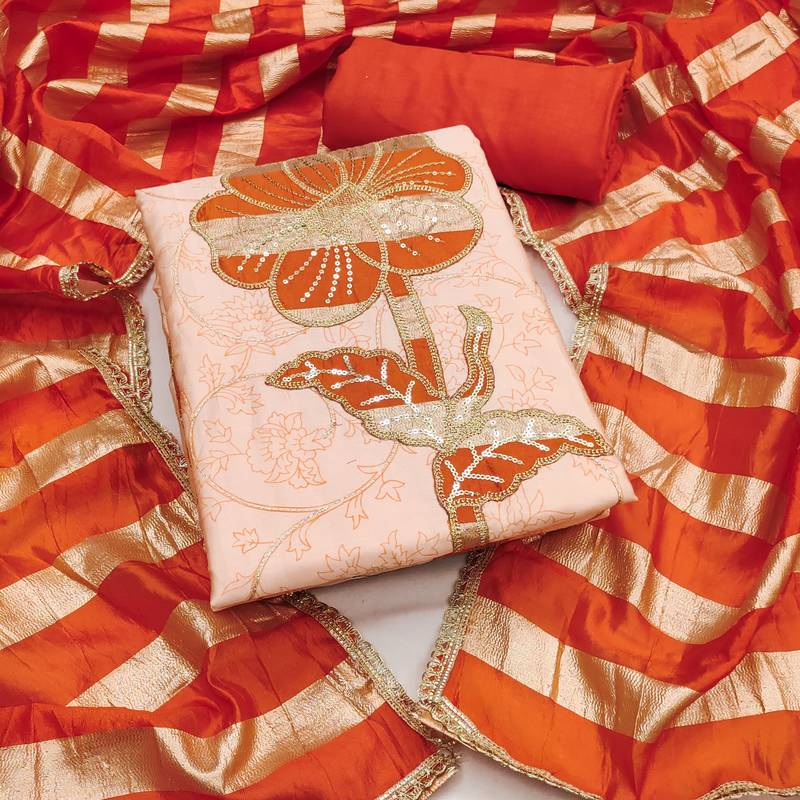 Peach cotton embroidered unstitched dress material.